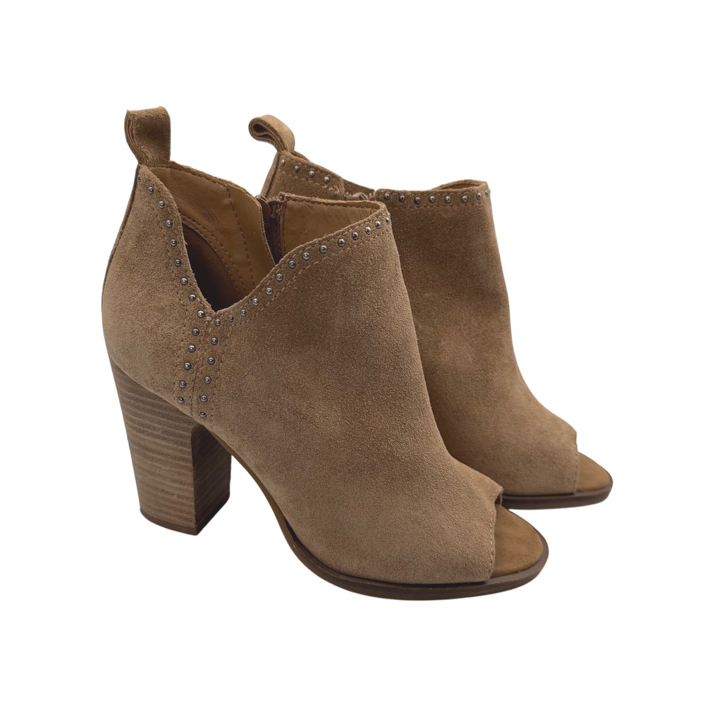 Lucky Brand Tan Suede Peep Toe Studded Booties Size 6M Boho Block Heel Boots